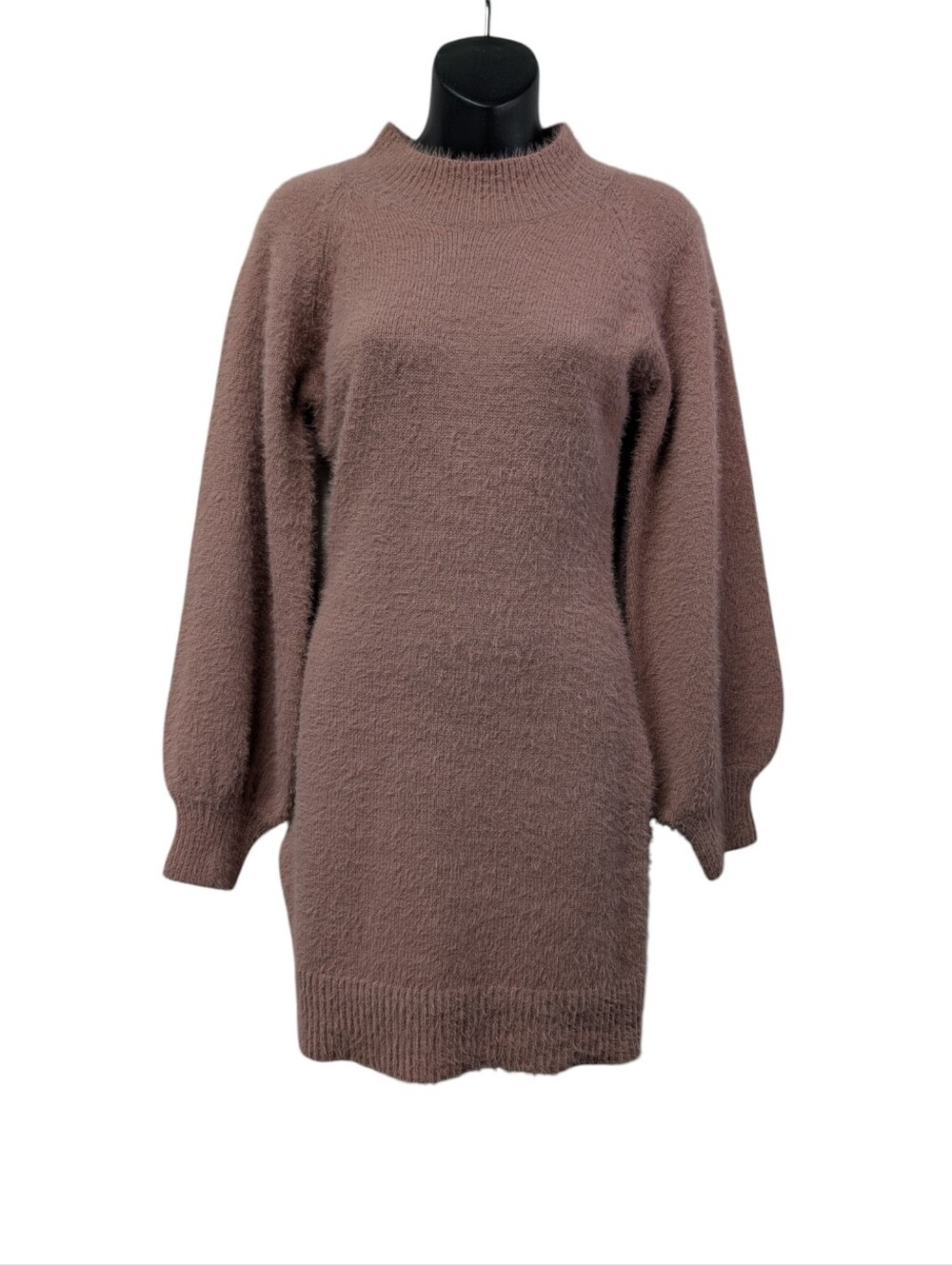 Fashion Nova Mauve Dusty Rose Fuzzy Knit Balloon Sleeve Sweater Dress Small NWT